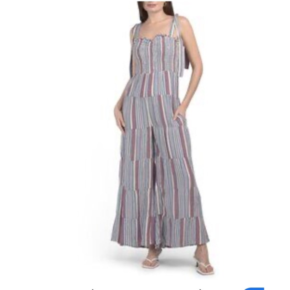 Storia Striped Smocked Jumpsuit Tie Strap Tiered‎ Wide Leg Boho Chic - Picture 1 of 9